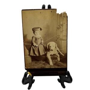 Antique Mounted Card Stock Black White Photo Child Boy Puppy 1800's Photograph‎